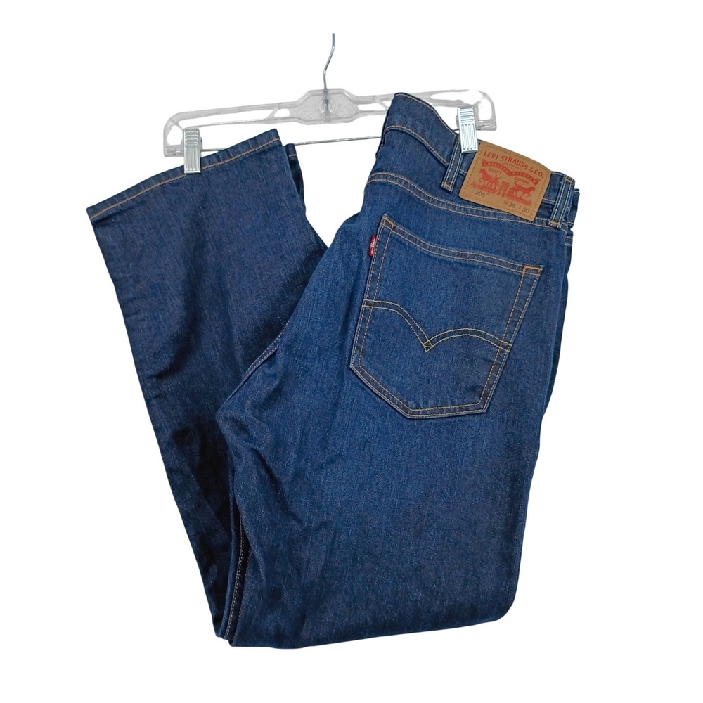 Levi's W38 L30 Blue 505 Regular Fit Straight Leg Dark Wash Denim Jeans Mens Work